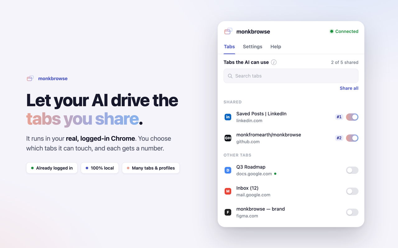 monkbrowse popup — pick which tabs the AI can use